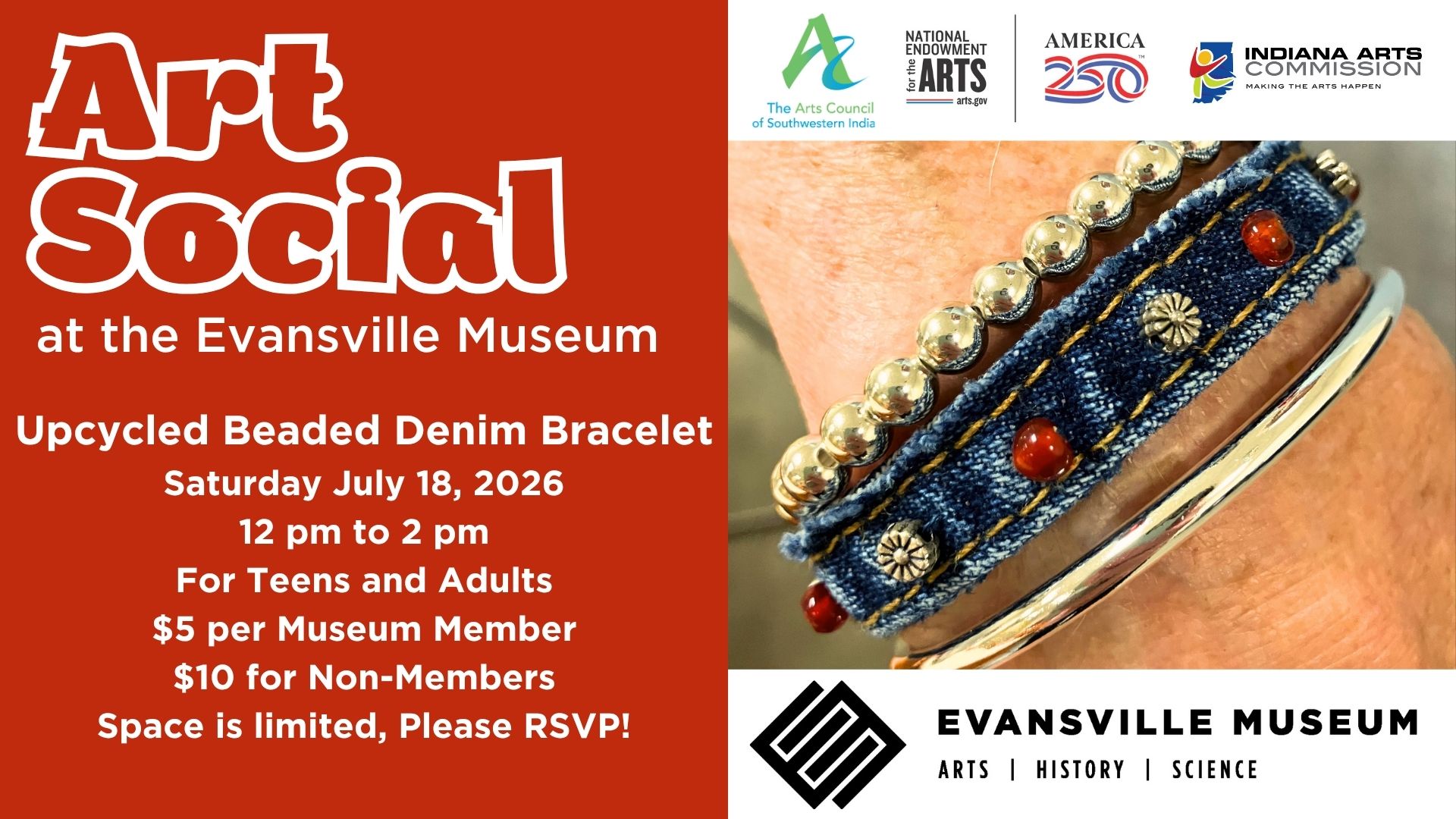 Art Social: Upcycled Beaded Denim Bracelet | Evansville Museum of